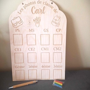 Può includere: Un pannello di legno per l'esposizione di foto con il testo "Les photos de classe de Carl" in alto. Il pannello ha spazi per foto di diversi livelli di grado, tra cui PS, MS, GS, CP, CE1, CE2, CM1, CM2, 6ème, 5ème, 4ème e 3ème.