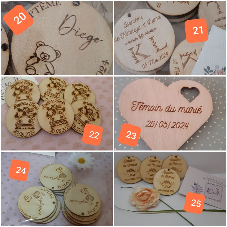 médaillons en bois personnalisés pour baptême, étiquette , mariage, communion, anniversaire, personnalisation boîte de dragées ou tables image 5