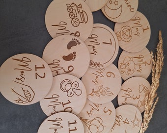Tarjetas de hitos de bebé de madera, regalo de nacimiento, foto mensual de la lista de nacimiento de 12 meses.