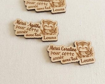 Magnet en bois personnalisé frigo/ aimant maître maîtresse - atsem- mariage - baptême, anniversaire, fêtes, offrir, naissance, chouette.