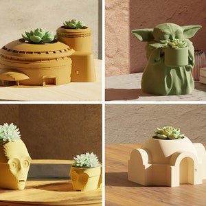May include: Four different planter pots with succulent plants. The planters are shaped like a building, a Star Wars character, a dome, and a robot head.