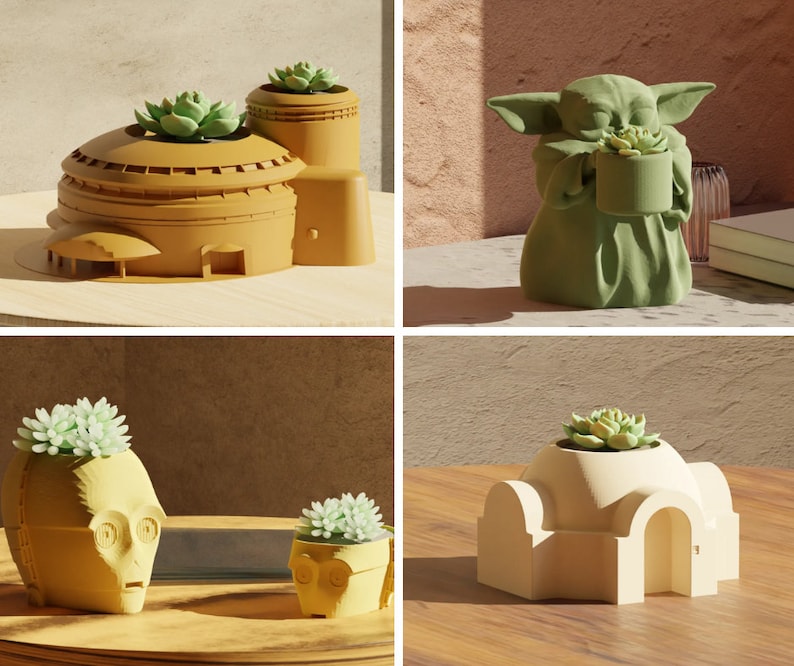 May include: Four different planter pots with succulent plants. The planters are shaped like a building, a Star Wars character, a dome, and a robot head.
