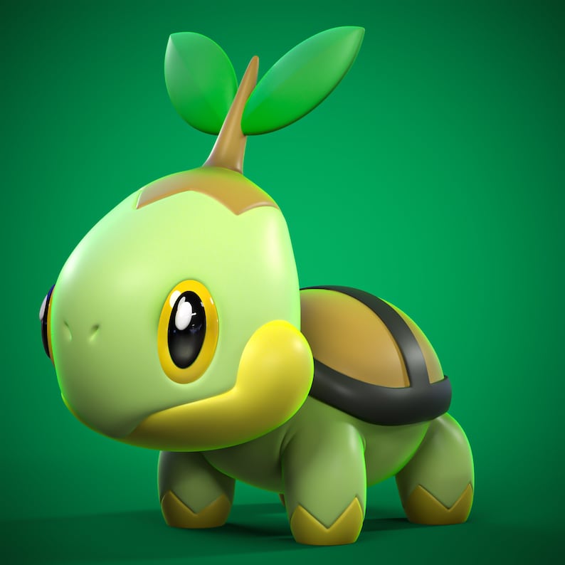 May include: A 3D-rendered Turtwig figure, a grass-type Pok&eacute;mon. The figure is primarily light green with yellow accents, a brown shell, and two green leaves sprouting from its head. The eyes are large and black with yellow highlights.
