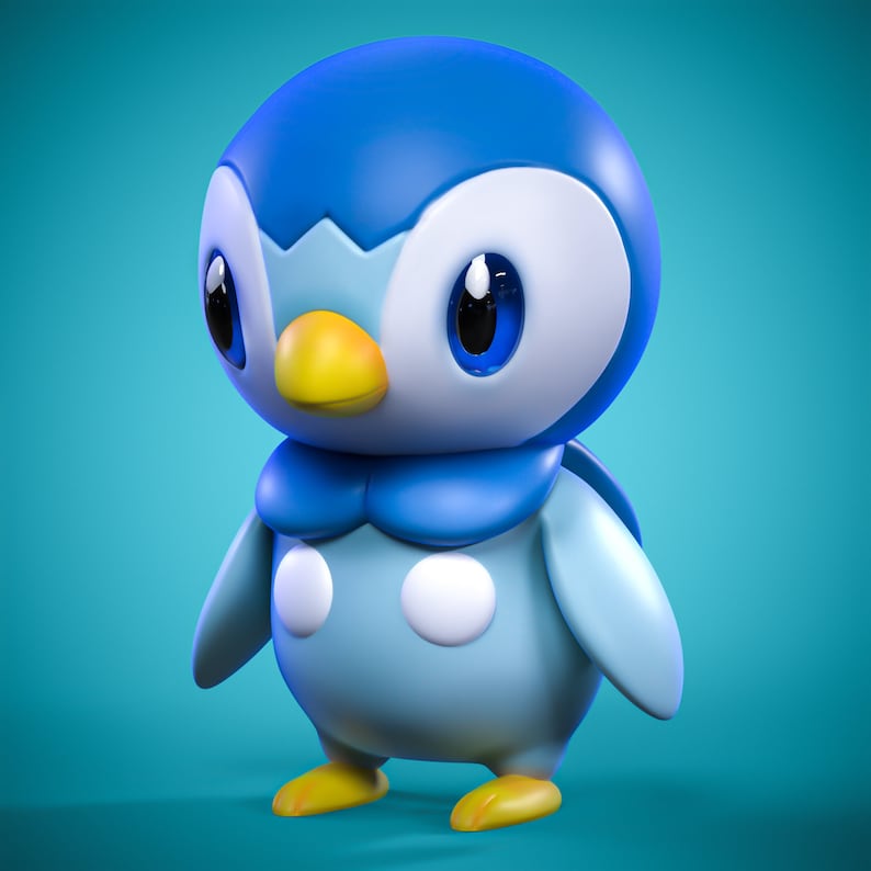 May include: A 3D rendered figure of a blue and white cartoon penguin with a yellow beak and feet. The penguin has large, expressive eyes and a blue scarf-like collar. Two white circles are on its chest.