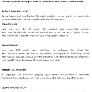 May include: A document titled "COMMERCIAL LICENSE - DIGITAL PRODUCTS" with text detailing usage rights for digital products sold by ProPrint3d. The document outlines permitted and prohibited uses, intellectual property, and digital product policy.