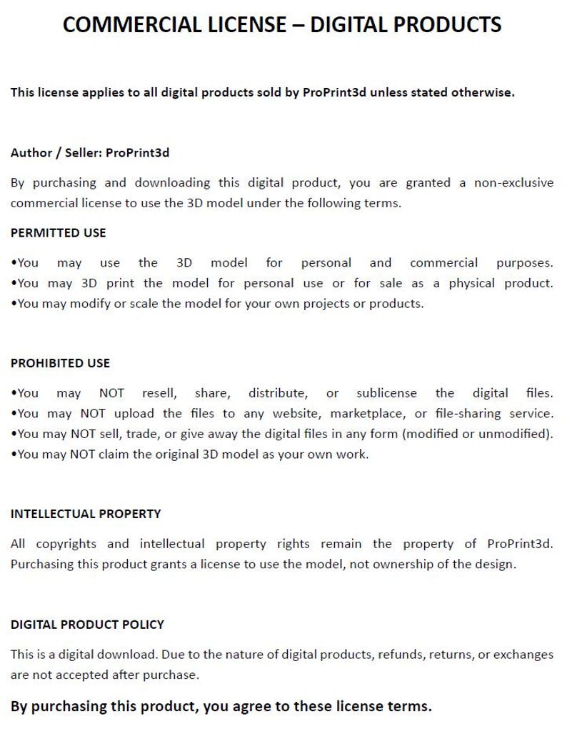 May include: A document titled "COMMERCIAL LICENSE - DIGITAL PRODUCTS" with text detailing usage rights for digital products sold by ProPrint3d. The document outlines permitted and prohibited uses, intellectual property, and digital product policy.