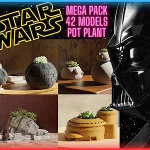 Può includere: Un set di 42 modelli di piante in vaso stampati in 3D a tema Star Wars. I modelli hanno la forma di personaggi e oggetti dell'universo di Star Wars, tra cui Darth Vader, R2-D2 e il Millennium Falcon. I modelli sono stampati in una varietà di colori, tra cui nero, bianco, grigio e marrone.