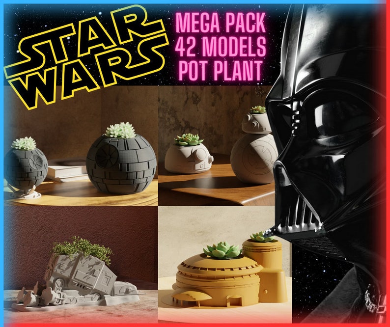 May include: A set of 42 Star Wars themed 3D printed pot plant models. The models are in the shape of characters and objects from the Star Wars universe, including Darth Vader, R2-D2, and the Millennium Falcon. The models are printed in a variety of colors, including black, white, gray, and brown.