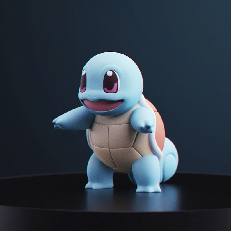 May include: A light blue Squirtle figurine with a tan shell and pink accents. The figure is standing on a black surface, with its arms outstretched. The figurine is a collectible item.