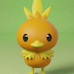 May include: A 3D-rendered orange cartoon chick with yellow accents. The chick has large black eyes, a yellow beak, and a spiky crest. It stands on yellow feet against a green background. The design is reminiscent of a popular animated character.