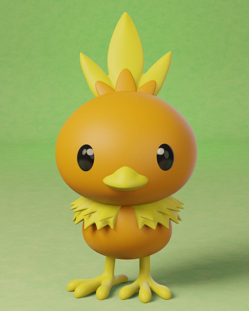 May include: A 3D-rendered orange cartoon chick with yellow accents. The chick has large black eyes, a yellow beak, and a spiky crest. It stands on yellow feet against a green background. The design is reminiscent of a popular animated character.