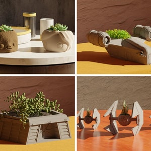 May include: Four different planters shaped like spaceships and a character from Star Wars. The planters are made of gray ceramic and have small plants growing in them. The Star Wars character is made of brown ceramic and has a green plant growing in it.