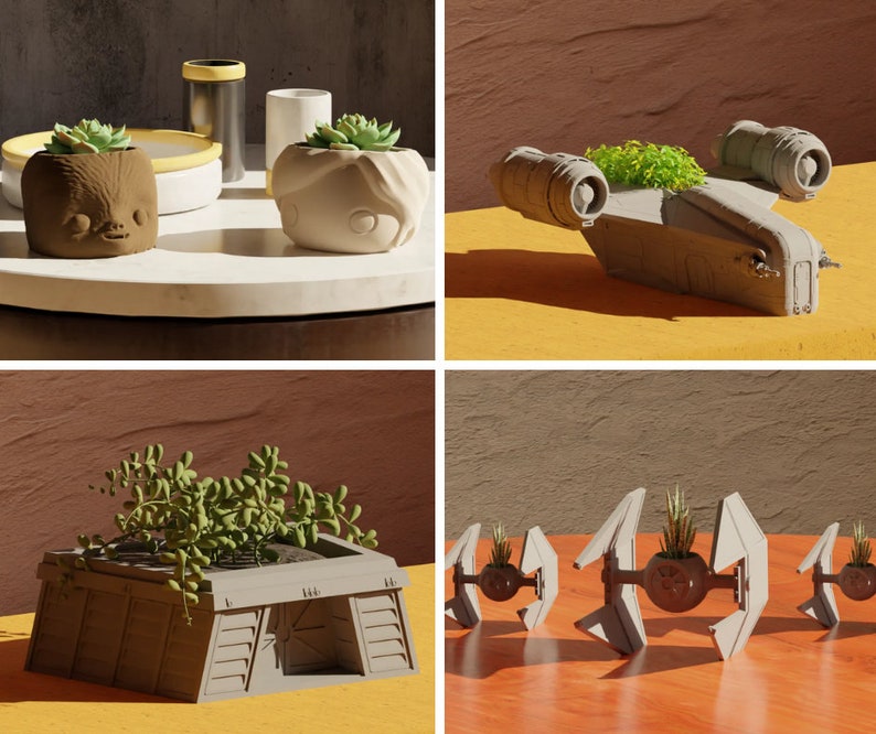 May include: Four different planters shaped like spaceships and a character from Star Wars. The planters are made of gray ceramic and have small plants growing in them. The Star Wars character is made of brown ceramic and has a green plant growing in it.