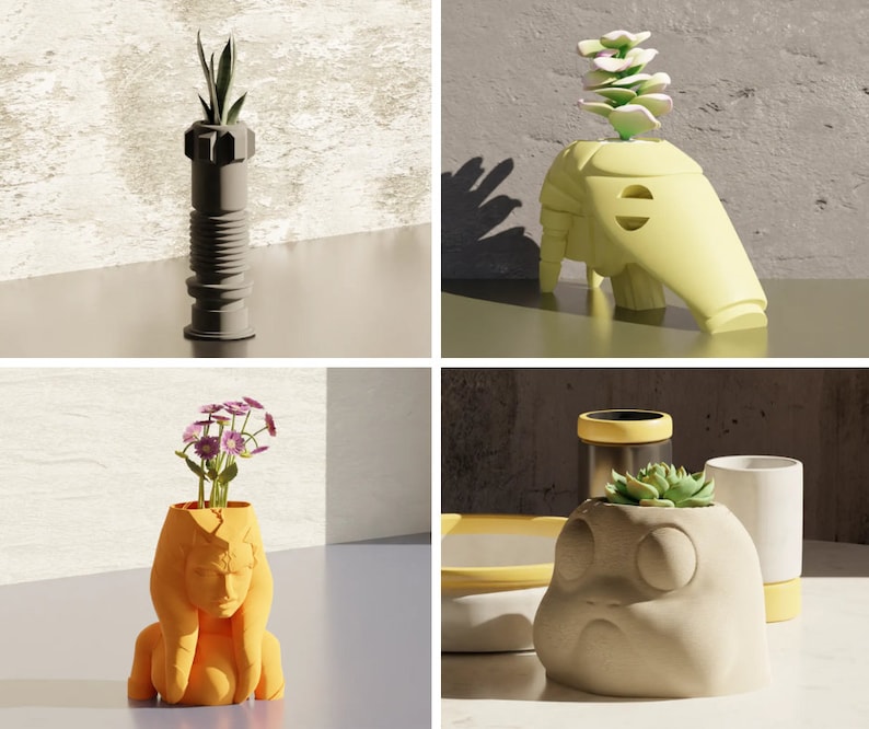 May include: Four different planters with various plants and designs. The planters are made of ceramic and have a variety of colors and shapes. The plants include succulents, flowers, and a small tree.