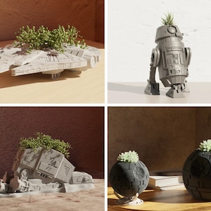 May include: Four different Star Wars themed planters with succulents. The planters are shaped like the Millennium Falcon, an AT-ST walker, R2-D2, and the Death Star.