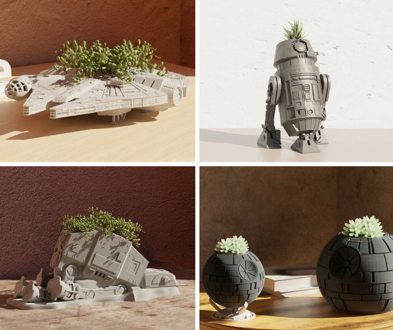 May include: Four different Star Wars themed planters with succulents. The planters are shaped like the Millennium Falcon, an AT-ST walker, R2-D2, and the Death Star.