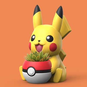 May include: A yellow Pikachu planter with a red and white Pokeball design. The planter is holding a small green succulent plant.