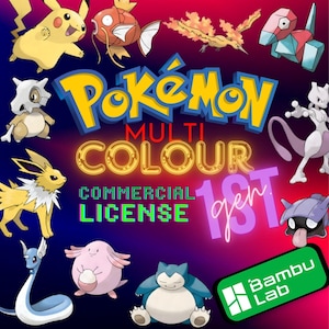 May include: A vibrant graphic featuring various Pokémon characters, including Pikachu, Mewtwo, and Snorlax, against a gradient background. The text includes "Pokémon," "Multi Colour," "Commercial License," and "1st Gen."