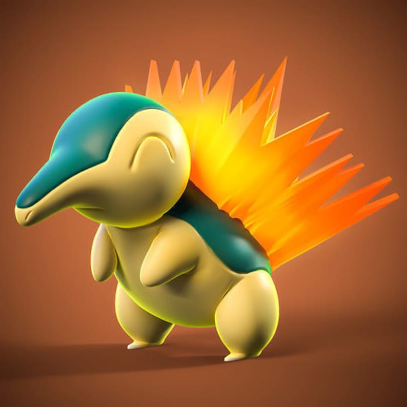 May include: A 3D rendered figure of a Cyndaquil, a Fire-type Pok&eacute;mon. The figure has a yellow body, a teal snout and back, and a fiery orange and yellow flame on its back. The figure is set against a brown background.
