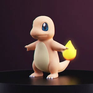 May include: A peach-colored Charmander figurine with blue eyes and a yellow flame on its tail. The figure has a textured belly and is posed with its arms outstretched. The background is a gradient of dark purple.