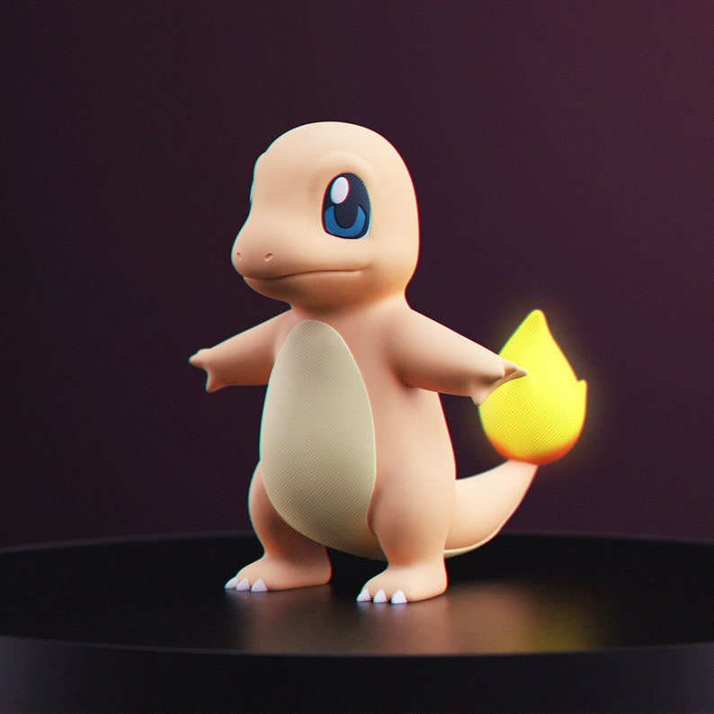 May include: A peach-colored Charmander figurine with blue eyes and a yellow flame on its tail. The figure has a textured belly and is posed with its arms outstretched. The background is a gradient of dark purple.