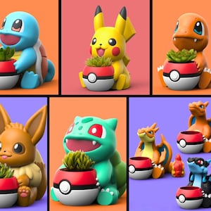 Könnte beinhalten: Ein Set aus zehn bunten Pokemon-Charakter-Pflanzgefäßen. Jedes Gefäß zeigt einen anderen Pokemon-Charakter, darunter Pikachu, Bisasam, Glumanda, Schiggy und viele mehr. Die Gefäße sind aus Keramik und haben eine glänzende Oberfläche. Jedes Gefäß enthält eine kleine Pflanze.