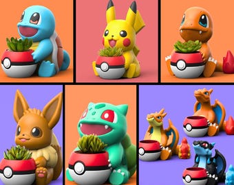 Pokemon Planter STL File Bundle Pack, Pokemon Files - Pikachu, Charizard, Charmander, Squirtle, Bublasaur, Eevee, Pokemon model High quality