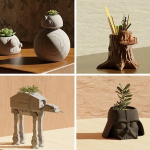 May include: Four different planters shaped like Star Wars characters. The planters are made of a light gray ceramic and feature a small green plant growing out of the top. The planters are arranged in a grid pattern on a wooden surface.