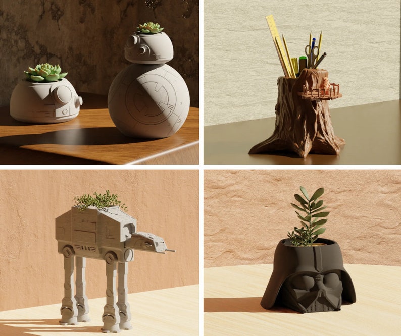 May include: Four different planters shaped like Star Wars characters. The planters are made of a light gray ceramic and feature a small green plant growing out of the top. The planters are arranged in a grid pattern on a wooden surface.