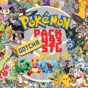 May include: A colorful collage featuring various Pokémon characters. The image includes the Pokémon logo, the text "PACK 493 STL," and "GOTCHA" in a yellow speech bubble. The text "Gen. 1-4" is also visible.