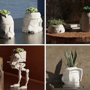 May include: Four white planter pots shaped like Star Wars characters, each with a different type of plant growing inside. The planters are on a variety of surfaces, including a wooden table and a concrete floor.
