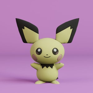 May include: A 3D rendered Pichu figure, a small, yellow, mouse-like Pok&eacute;mon with large ears and rosy cheeks. The figure has black accents on its ears and a small black collar. It stands on a solid purple background.