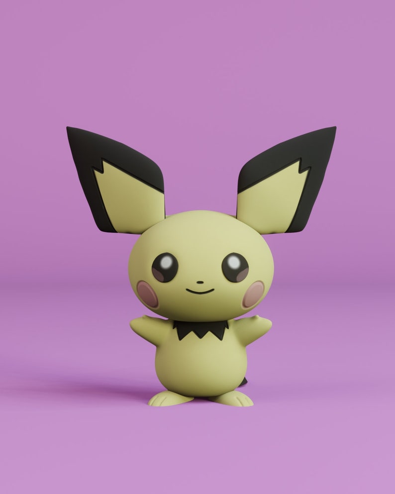May include: A 3D rendered Pichu figure, a small, yellow, mouse-like Pok&eacute;mon with large ears and rosy cheeks. The figure has black accents on its ears and a small black collar. It stands on a solid purple background.