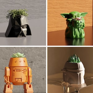 May include: Four different planters with succulents. The planters are shaped like Darth Vader, Yoda, R2-D2, and a Stormtrooper helmet.