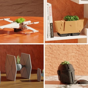 May include: A set of four Star Wars themed planters. The planters are shaped like the Millennium Falcon, X-Wing, and TIE fighter. Each planter has a small succulent plant growing inside.