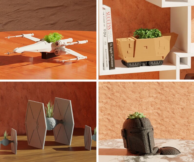 May include: A set of four Star Wars themed planters. The planters are shaped like the Millennium Falcon, X-Wing, and TIE fighter. Each planter has a small succulent plant growing inside.