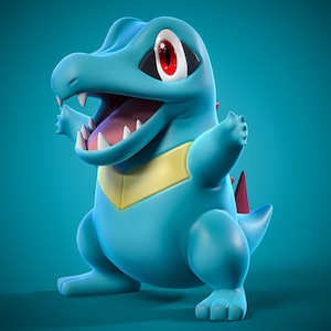 May include: A blue cartoon character with a wide open mouth, white teeth, and a pink tongue. It has red eyes, a yellow chest, and red spikes on its back. The character is standing on its feet with its arms raised.