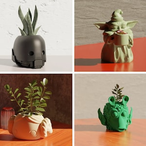 May include: Four different planter pots shaped like characters from Star Wars. The first pot is black and shaped like a helmet. The second pot is green and shaped like Yoda. The third pot is beige and shaped like a character from Star Wars. The fourth pot is green and shaped like a character from Star Wars.