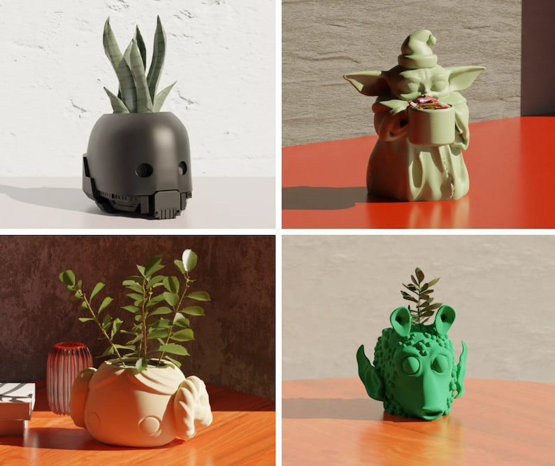 May include: Four different planter pots shaped like characters from Star Wars. The first pot is black and shaped like a helmet. The second pot is green and shaped like Yoda. The third pot is beige and shaped like a character from Star Wars. The fourth pot is green and shaped like a character from Star Wars.