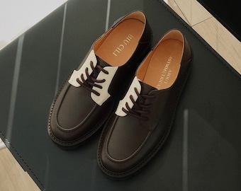Tiramisu | Women's Asymmetric Brown Leather Chunky Derby Shoes | Aesthetic Loafer Flats | Slip On Shoes for Women | Dark Academia Style