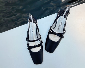 A'Bow Mary Jane | Asymmetrische Leder Mary Jane-Schuhe für Damen in Schwarz | Echtes Leder Square Toe Slingback Mary Jane Heels für Frauen