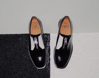 Annie Hall | Women's Asymmetric Leather Loafer Shoes in Black and White | Aesthetic Loafer Flats | Vintage Style Slip On Shoes for Women