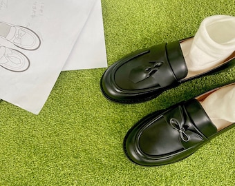 Paradox | Women's Asymmetric Round Toe Leather Loafer Shoes in Black | Style and Comfort Loafer for Women with Bow & Tie Design