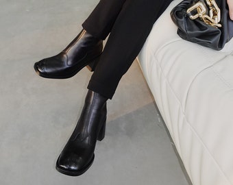 Women's Asymmetric Black Leather Boots | Mid Calf Booties Ankle Boots | Aesthetic Square Toe Winter Boots for Women Comfortable Footwear