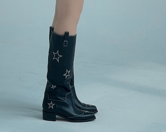 Star & Moon | Women's Asymmetric Leather Boots in Black | Aesthetic Winter Knee-high Boots | Women's Footwear | Fashion Boots