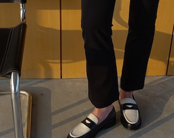 Women's Asymmetric Round Toe Leather Loafer Shoes in Black and White | Style and Comfort Slip On Loafer Flats for Women | Classic Style Shoe
