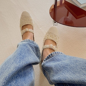 The Golden Age | Women&#39;s Asymmetric Tweed Leather Mary Janes Shoes | White & Gold Mary Jane Heels Black RoundToe Lambskin Footwear for Women