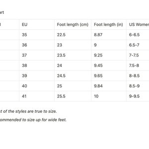 May include: Size chart for women's shoes, showing US women's sizes, EU sizes, and foot length in centimeters and inches. Most styles are true to size, but it is recommended to size up for wide feet.