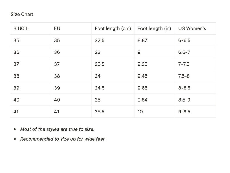 May include: Size chart for women's shoes, showing US women's sizes, EU sizes, and foot length in centimeters and inches. Most styles are true to size, but it is recommended to size up for wide feet.