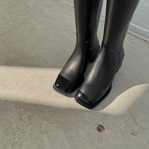 Malèna | Women's Asymmetric Square Toe Black Leather Boots | Medieval Knight Boots | Winter Knee High Boots for Woman | Black Riding Boots image 2
